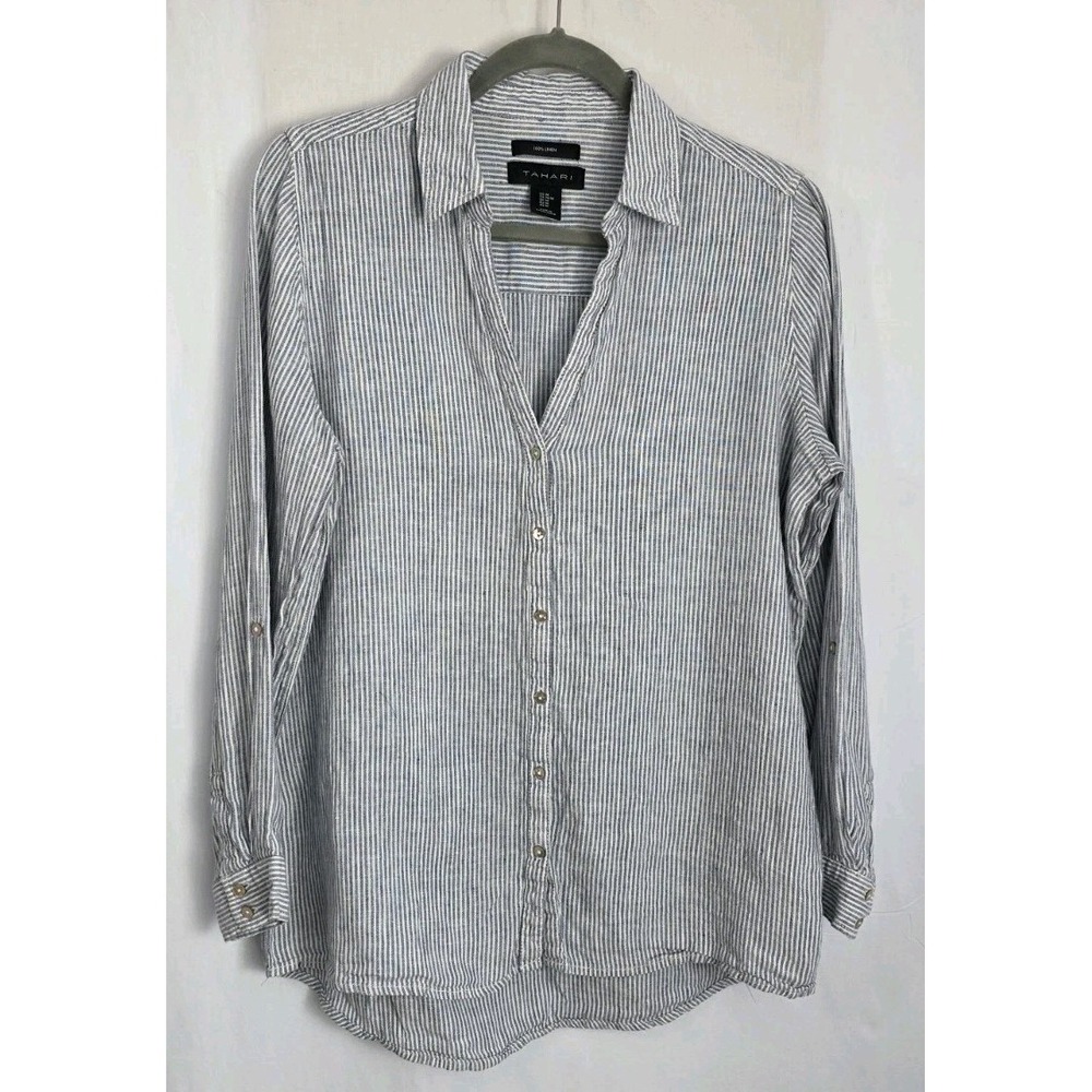 Tahari Women Sz Med  Long Sleeve 100% Linen Button Shirt Top Blue/White Stripe